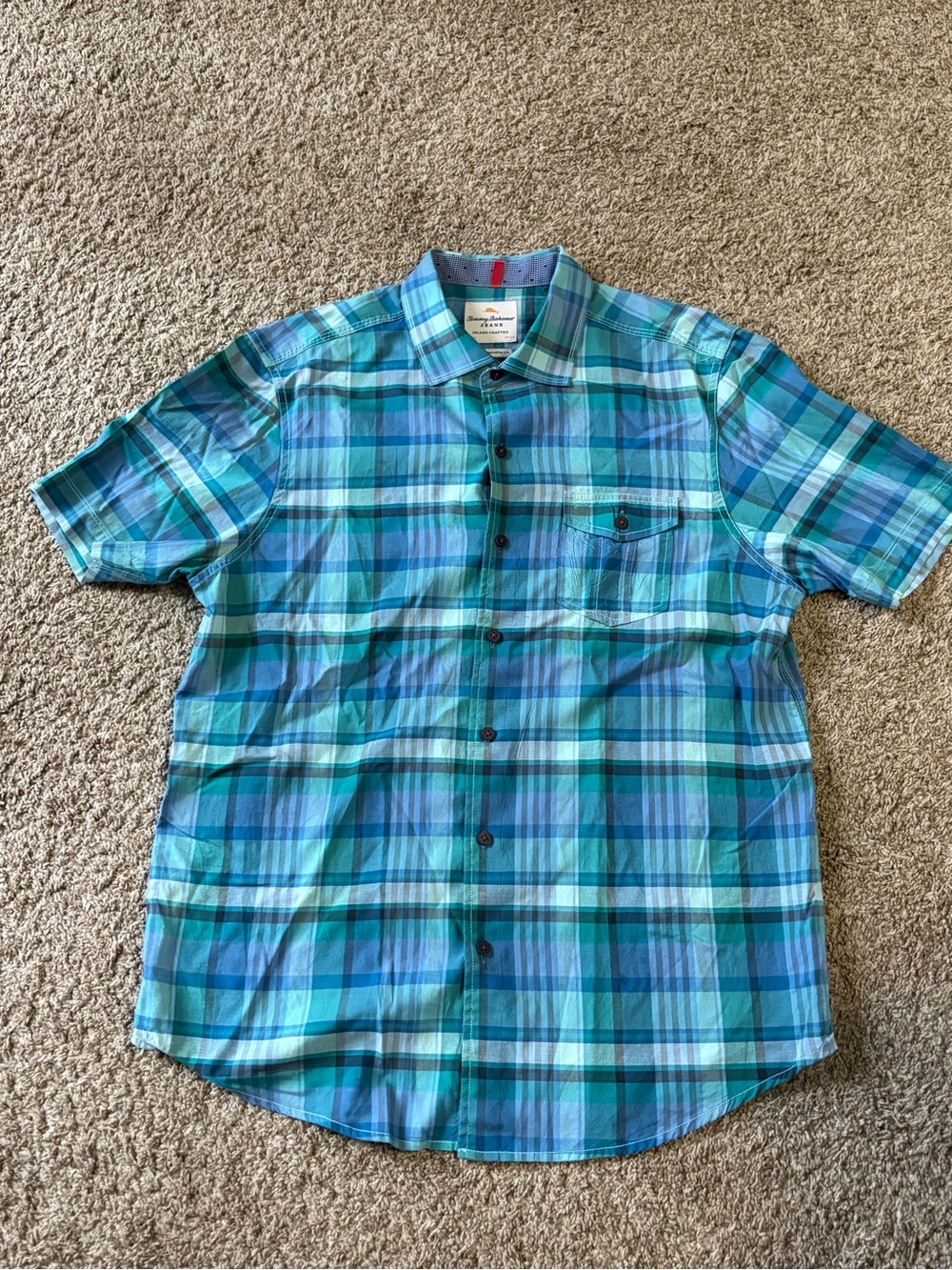 Tommy Bahama Teal and Blue Plaid Short Sleeve Button-Down